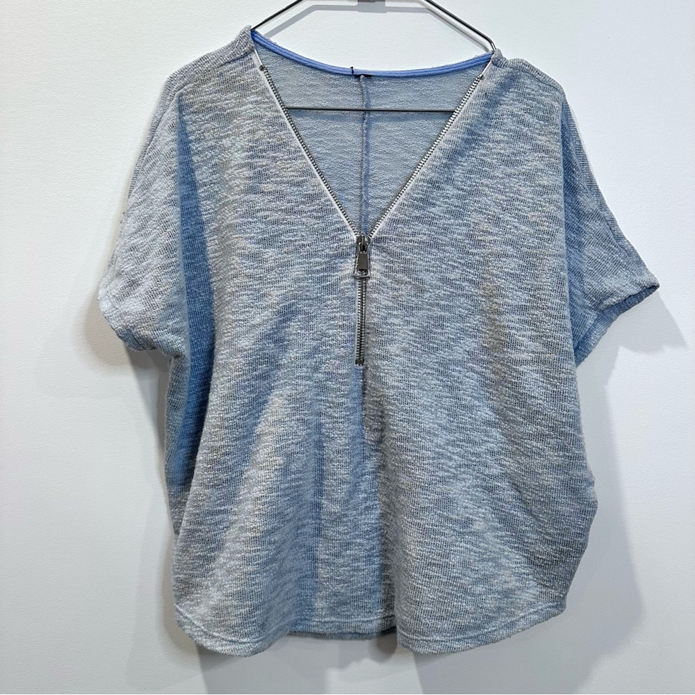 🛍️4 for 20$ / Dolman Short Sleeve Front Zip Sweater / Blue / S